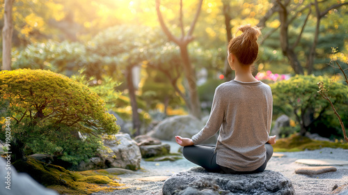 An Asian young woman is meditating while sitting on stone in the zen garden outdoors nature, Japanese style.
