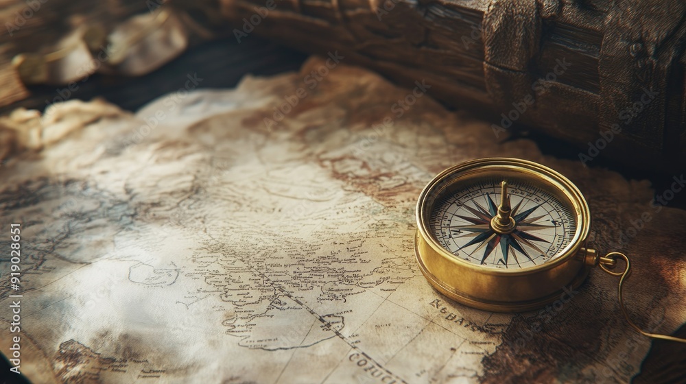The iconic tools of exploration--an old-world map and a brass compass--representing Columbus Day. The iconic tools of exploration--an old-world map and a brass compass--representing Columbus Day.