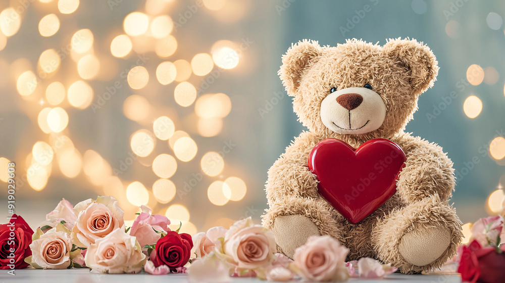 A teddy bear holding a red heart in front of a bouquet of pink roses. Concept of love and warmth, as the teddy bear represents a symbol of affection and the roses signify a romantic gesture. A teddy bear holding a red heart in front of a bouquet of pink roses. Concept of love and warmth, as the teddy bear represents a symbol of affection and the roses signify a romantic gesture.