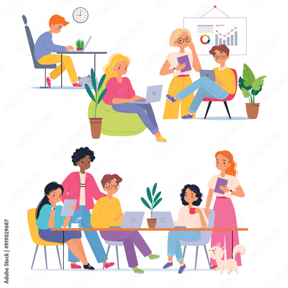 Coworking with People at Workspace at Laptop and Desk Vector Set Coworking with People at Workspace at Laptop and Desk Vector Set