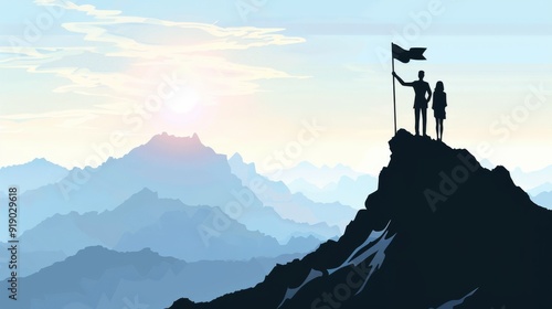 A silhouette of a businessman and a Black woman planting a flag on a mountain peak, vector image with no background. 