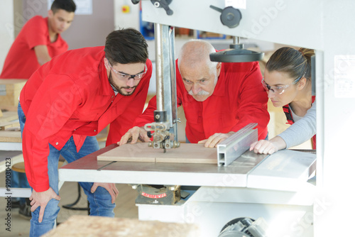 observing woodworker cutting wood using bandsaw