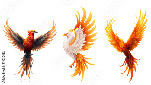 Three phoenix birds, three styles. Generative AI illustration