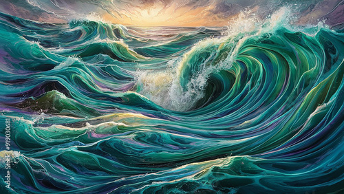 Stunning illustration of a vibrant, swirling ocean, painted with thick layers of fluid acrylic paint photo