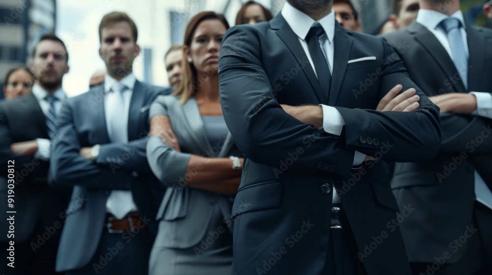 A group of men and women in suits are standing together A group of men and women in suits are standing together