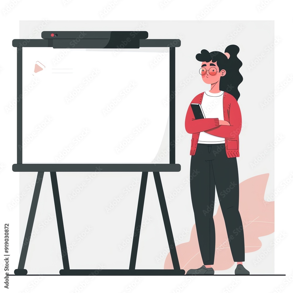 Woman in Red Sweater Presenting with Blank Whiteboard for a Business Meeting or Lecture Woman in Red Sweater Presenting with Blank Whiteboard for a Business Meeting or Lecture