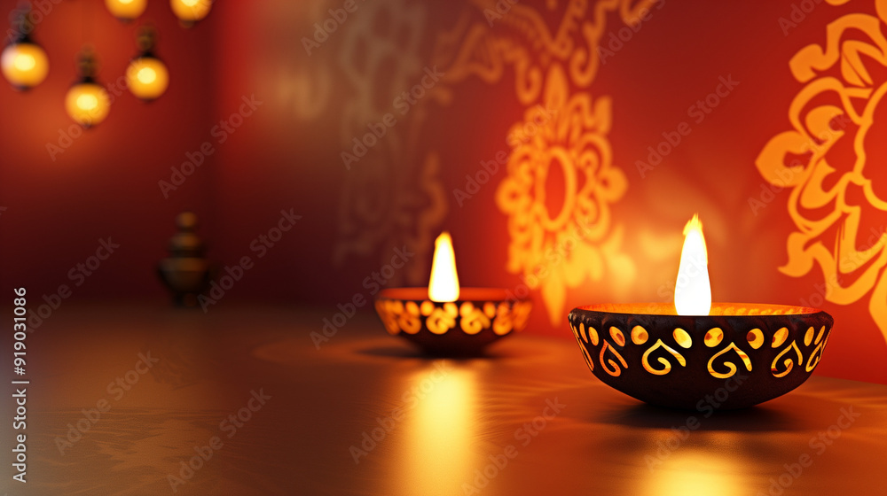 Diwali lights up the home as oil lamps cast a warm glow against festive decorations, copy space Diwali lights up the home as oil lamps cast a warm glow against festive decorations, copy space