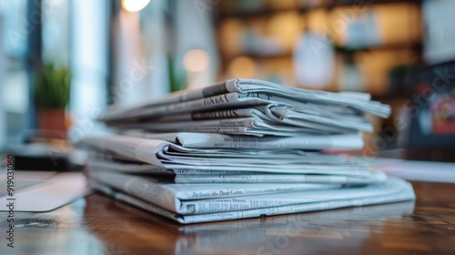 A stack of fresh morning newspapers is on the office table, featuring the latest financial and business news. The daily paper includes pages with headlines, articles, photos, and text, all folded and 