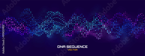 DNA Digital Sequence Code Structure with Glow. Science Concept. Abstract Nano Technology Bokeh Background. Vector Design.