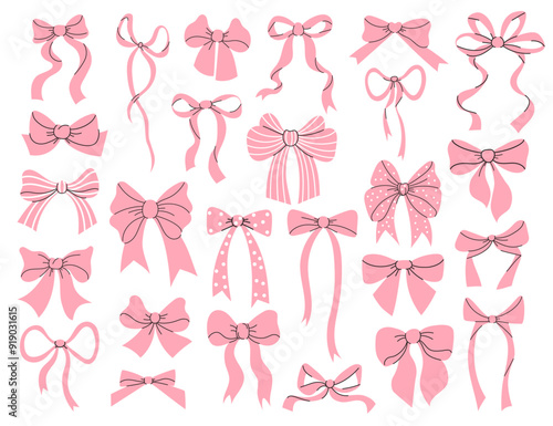 Cute coquette pink ribbon bow collection. Isolated trend aesthetic drawing elements. Vector illustration
