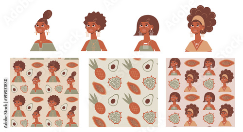 Set of african women portraits and seamless patterns with people and tropical fruits. Collection of vector avatar and food wallpaper. Texture for textile or wrapping paper.