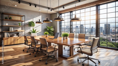 Modern loft-style office with minimalist decor and large windows, featuring a sleek wooden presentation table and ergonomic chairs, perfect for business meetings.