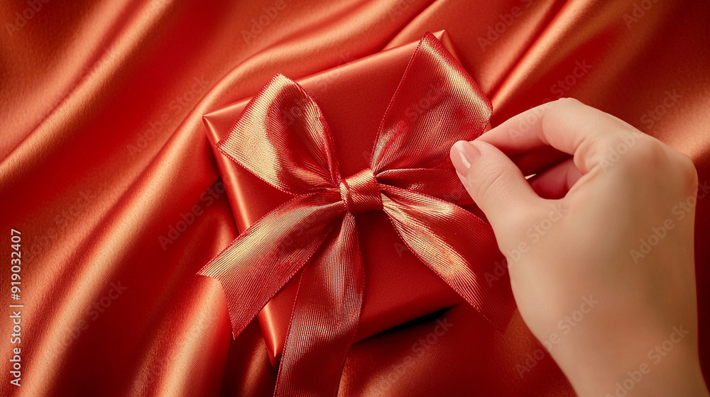 A close-up of a hand adjusting a beautiful red gift box tied with a shiny ribbon on a luxurious red satin background. A close-up of a hand adjusting a beautiful red gift box tied with a shiny ribbon on a luxurious red satin background.