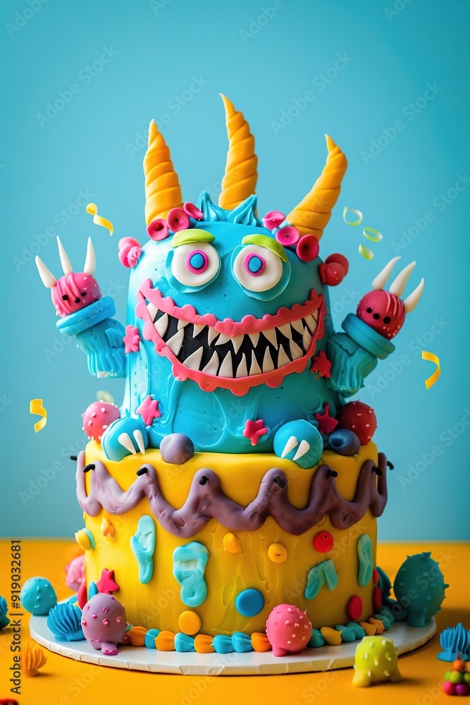 Naklejka premium Colorful background with monster Birthday cake, balloons and copy space. Festive backdrop with empty space for text. Greeting card for children. Playful, vibrant design. Event for kids.