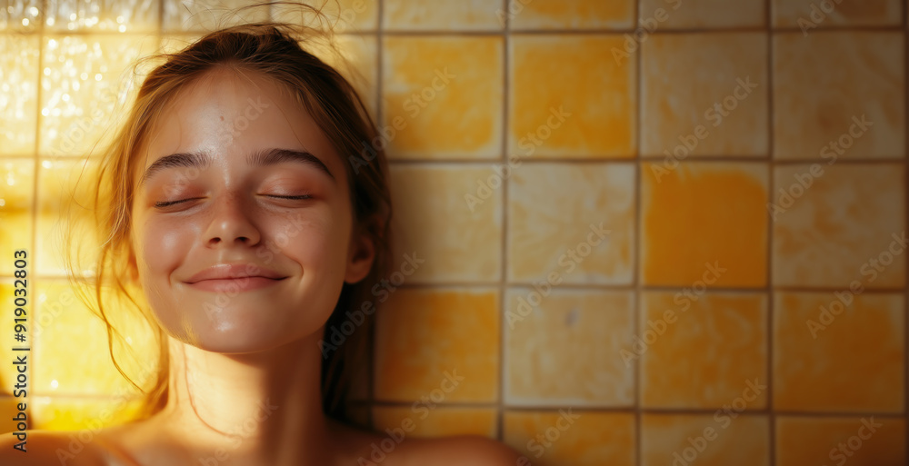 Portrait of a happy girl smiling and taking a shower, copy space on bathroom tiles Portrait of a happy girl smiling and taking a shower, copy space on bathroom tiles