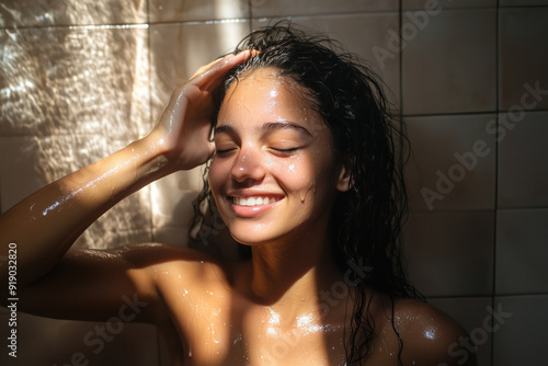 Portrait of a happy young woman smiling and taking a shower in the morning light, copy space on bathroom tiles