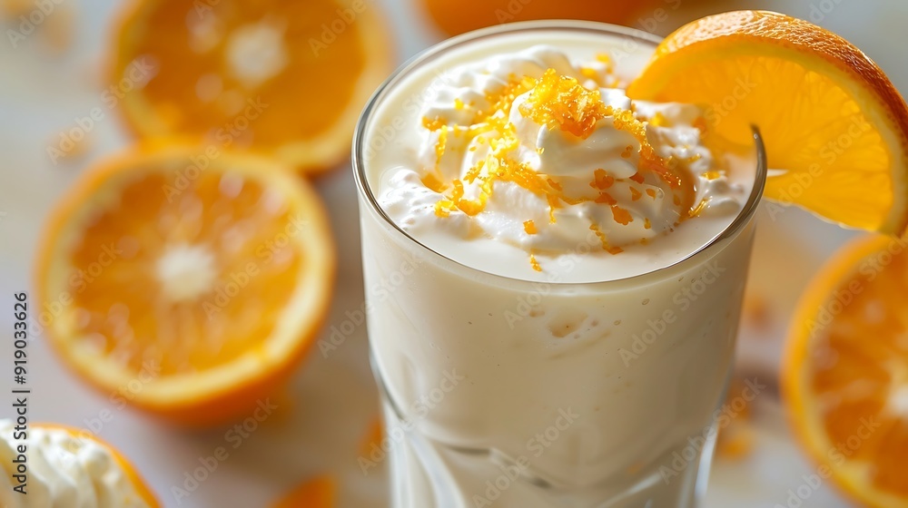 Milk shake with orange and mint in a glass on the table Milk shake with orange and mint in a glass on the table