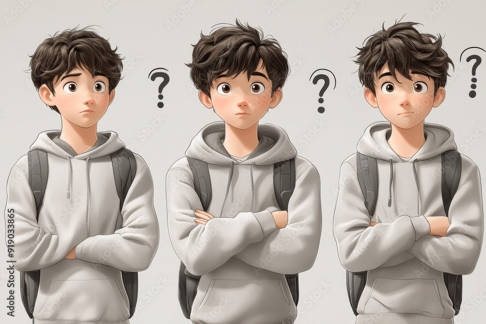 Thinking questioning dreaming planning cartoon character young adult man teen person portrait in 3d style design on white background. Human people feelings expression concept Thinking questioning dreaming planning cartoon character young adult man teen person portrait in 3d style design on white background. Human people feelings expression concept