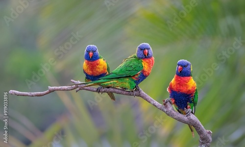 Schilderij op canvas Three multicolored and cheeky Rainbow Lorikeets on a branch with the middle bird turned sideways, all against a blurred background in a suburban garden on the Gold Coast in Queensland, Australia