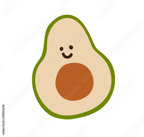 Avocado half, baby character, cute and funny doodle face. Amusing childlike f...