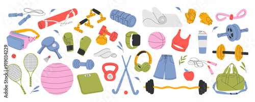 Sport equipment, gym and fitness stuff set. Workout accessories, objects. Soccer and basketball balls, tennis rackets, mat, bag, dumbbell. Flat graphic vector illustration isolated on white background
