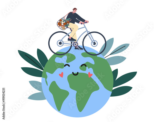 Young man riding bike. Eco concept, save environment, not air pollution and zero waste. Happy earth planet and vector guy with fabric shopping bag on bicycle