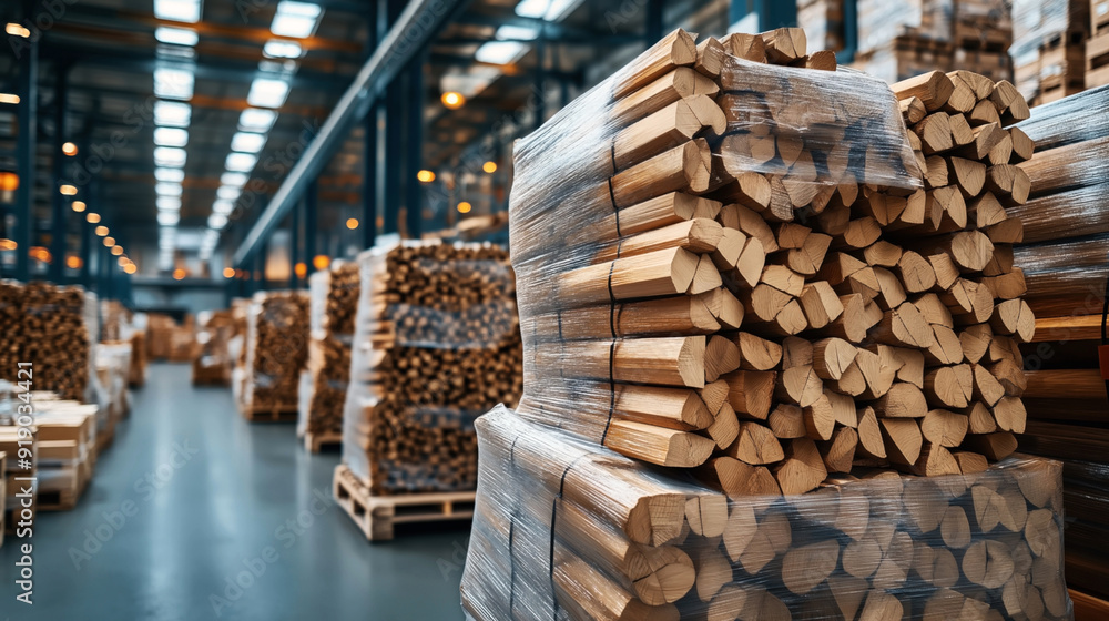 Stacks of cut firewood wrapped in plastic stored in a large warehouse with industrial lighting and high ceilings. Stacks of cut firewood wrapped in plastic stored in a large warehouse with industrial lighting and high ceilings.