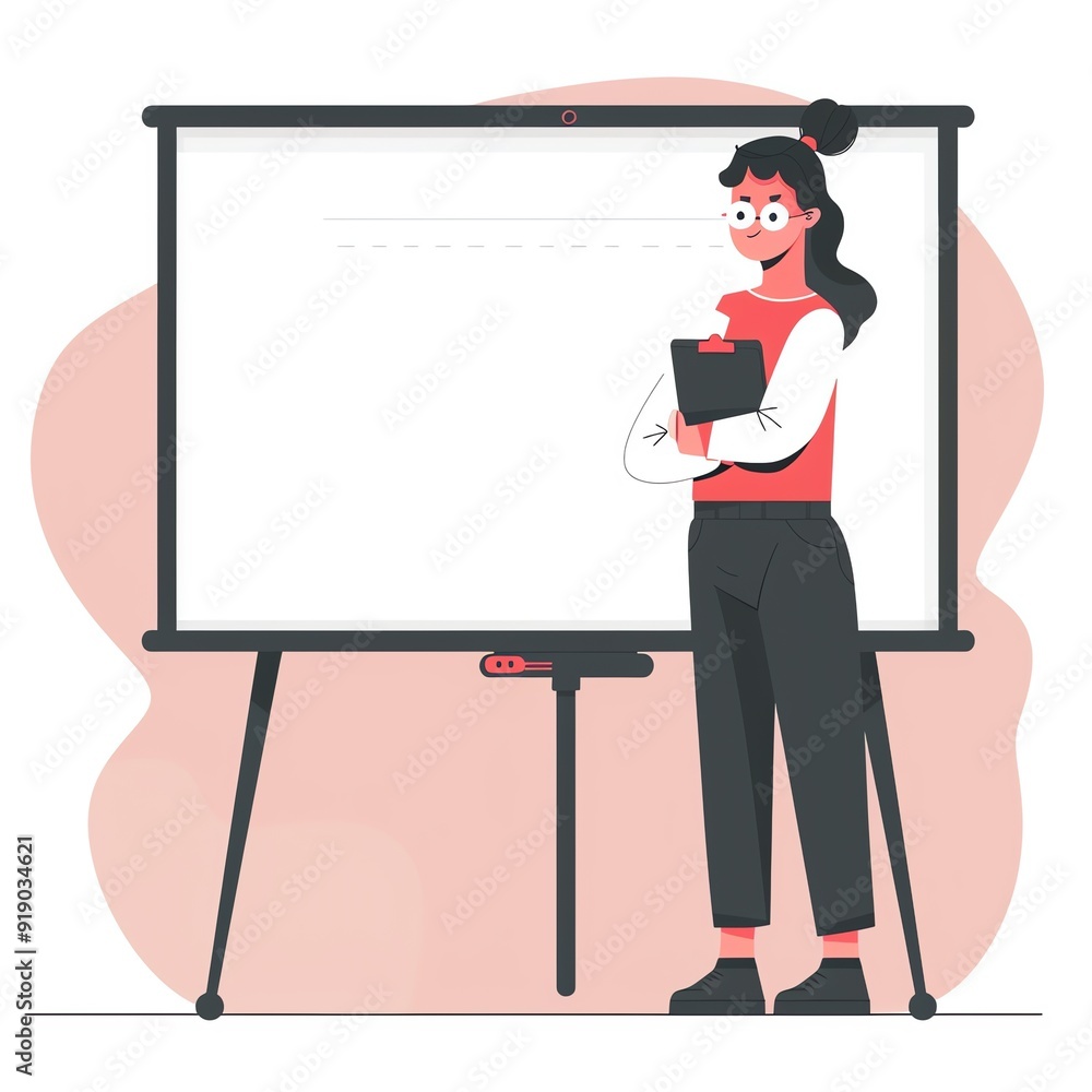 Young woman giving a presentation. She is standing in front of a blank whiteboard with a clipboard in her hand. Young woman giving a presentation. She is standing in front of a blank whiteboard with a clipboard in her hand.