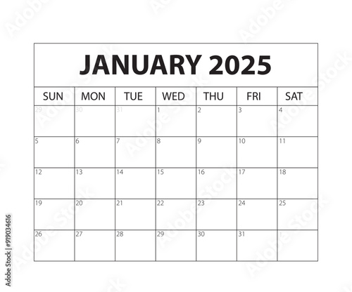 January 2025 Calendar. Vector calendar. Week starts sunday. Calendar template in minimal design