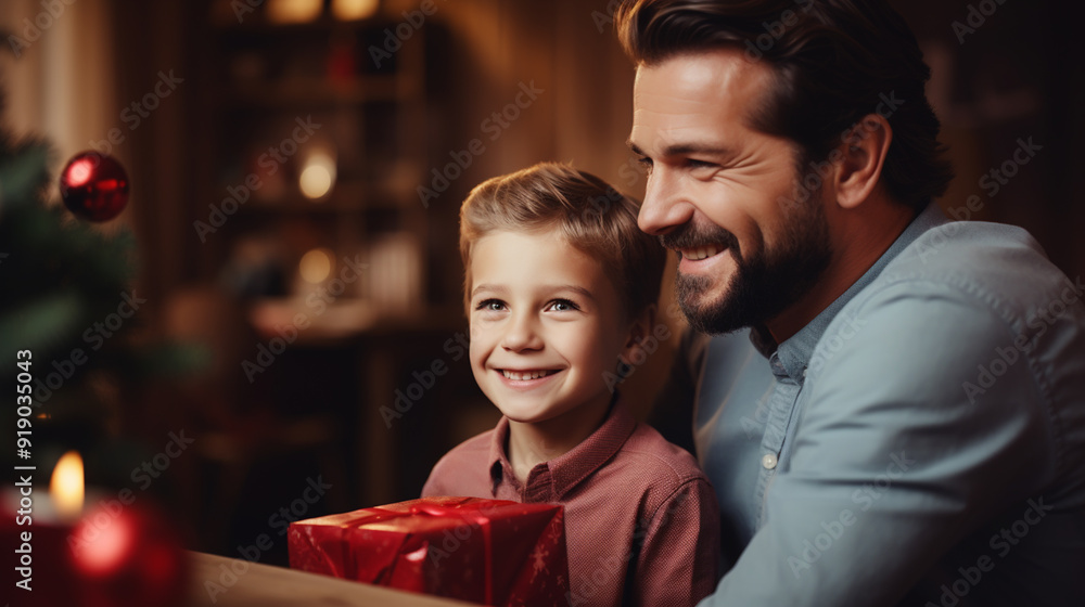 Happy father's day! Child congratulating dad and giving him gift box. Happy father's day! Child congratulating dad and giving him gift box.