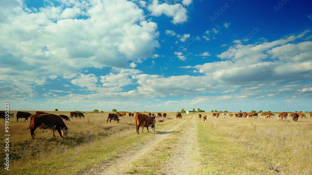 A peaceful rural scene with cows grazing in a green meadow under a blue sky A peaceful rural scene with cows grazing in a green meadow under a blue sky