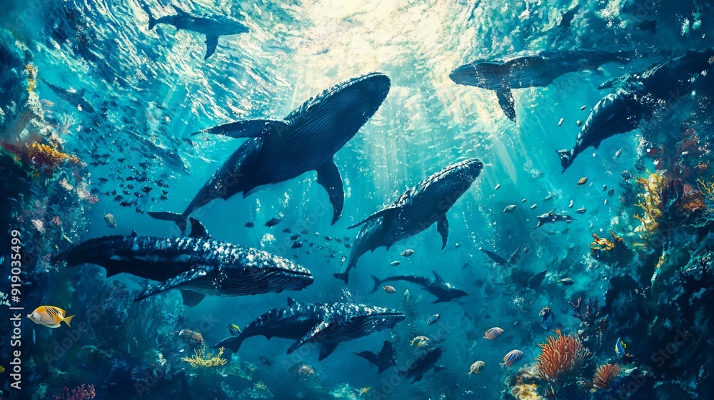 Obraz premium A group of humpback whales swimming in the ocean surrounded by fish