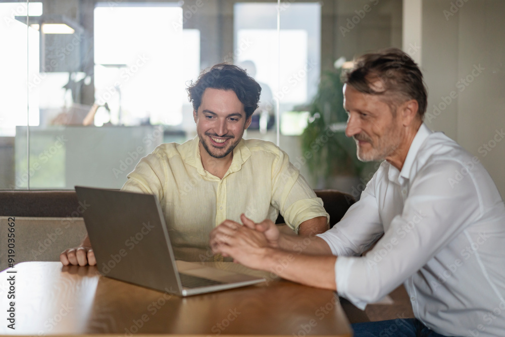 Smiling colleague discussing with businessman using laptop at office Smiling colleague discussing with businessman using laptop at office