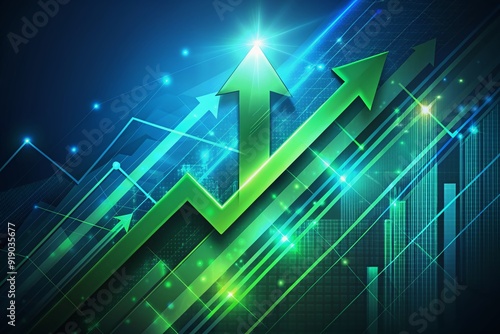 Wallpaper Mural Vibrant green arrow soaring upwards on a dark blue background, surrounded by dynamic lines and shapes, conveying a sense of financial growth and market success. Torontodigital.ca