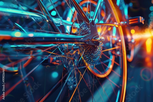 A close-up shot of a bicycle wheel with a blurred background, great for illustrating cycling or transportation themes photo