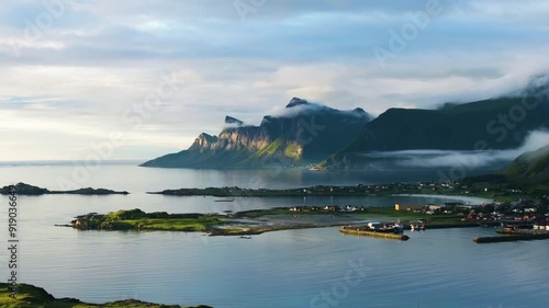 Aerial view of the Ramberg village in the Lofoten islands, sunrise in Norway