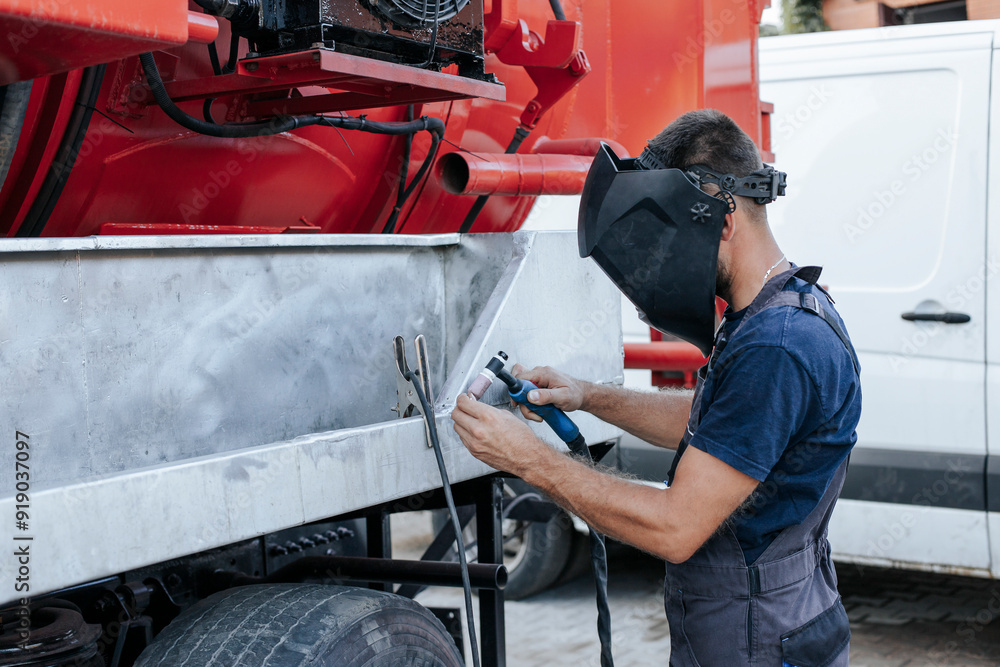 Mechanic is focused on vehicle repair outside garage Mechanic is focused on vehicle repair outside garage