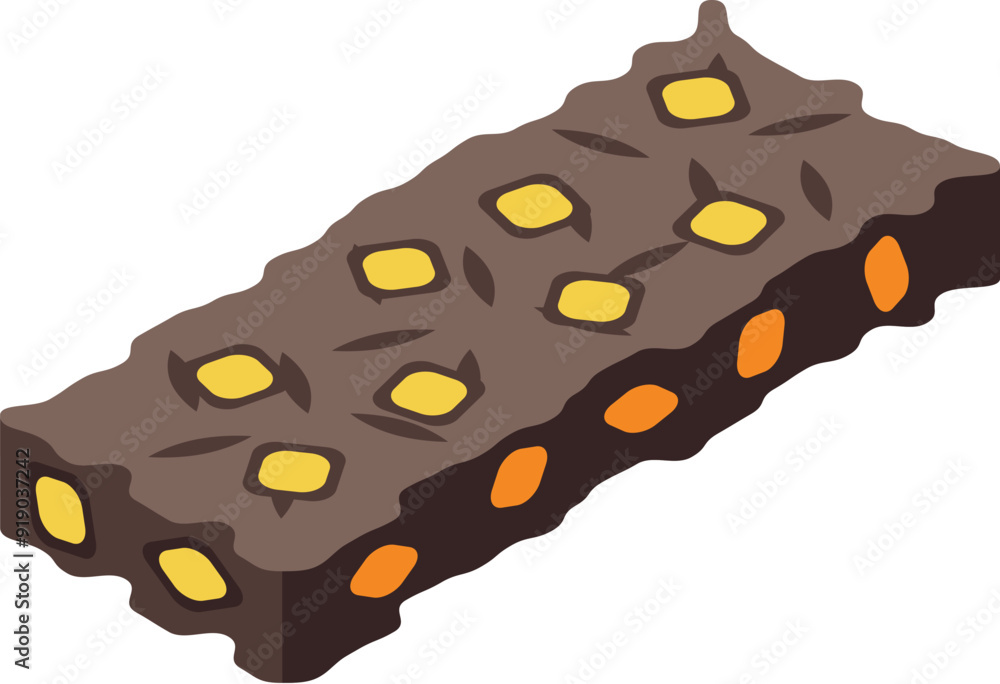 Chocolate bar with nuts and pieces of dried fruits isometric icon for web design isolated on white background Chocolate bar with nuts and pieces of dried fruits isometric icon for web design isolated on white background