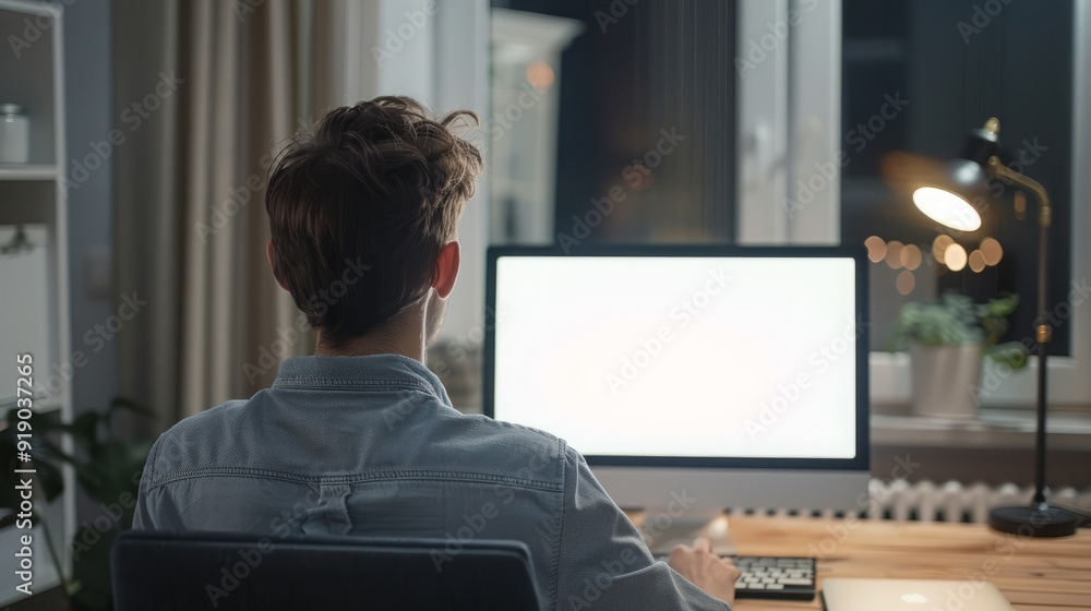 A young man sits at his desk working on his computer in the evening. A young man sits at his desk working on his computer in the evening.