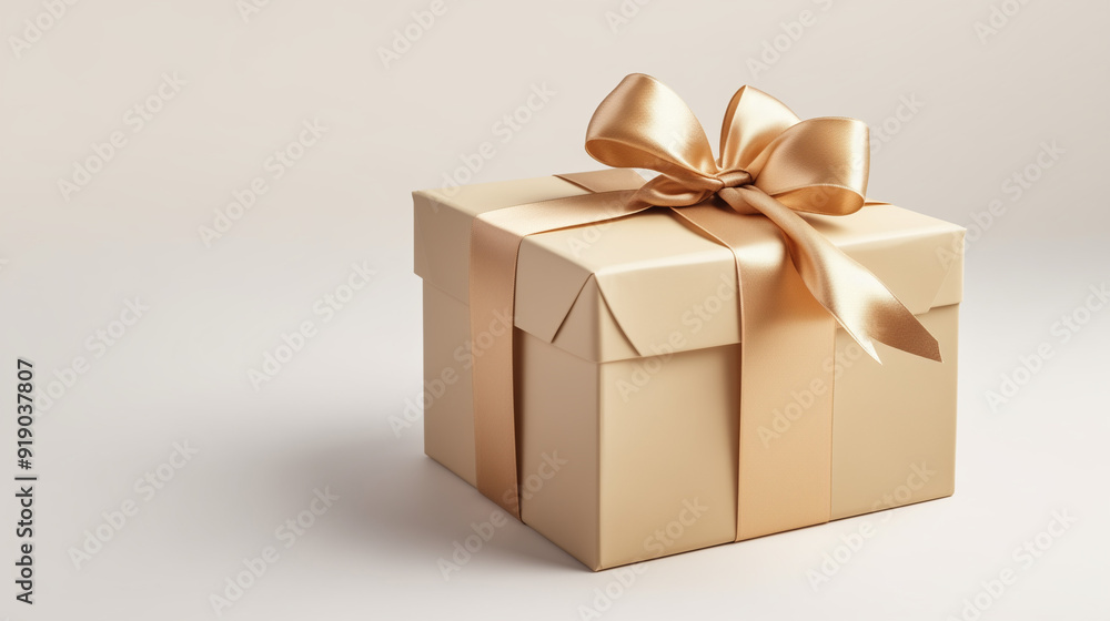 A stylish gift box adorned with a shiny golden ribbon sits elegantly on a soft neutral surface, perfect for special occasions and celebrations, copy space A stylish gift box adorned with a shiny golden ribbon sits elegantly on a soft neutral surface, perfect for special occasions and celebrations, copy space