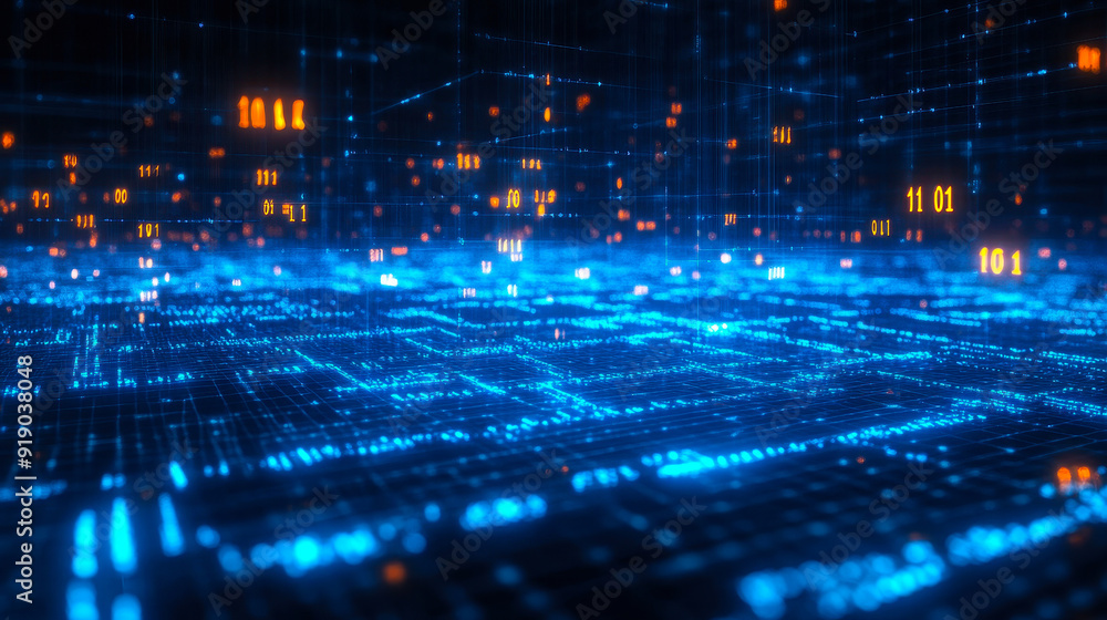 Obraz premium Futuristic Digital Data Flow Background with Blue Glowing Binary Code Matrix, High-Tech 3D Render of Scientific Technology Concept, Cybersecurity and Big Data Visualization