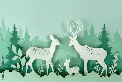 Paper Cut Scene of Deer Family in Forest - Ideal for Children's Illustrations and Nature-Themed Art