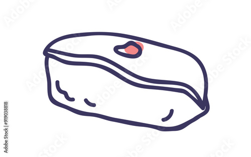 Nigiri sushi. Rice topped with fish, squid slice. Traditional Japan cuisine. Japanese Asian eating. Asia food, snack, seafood. Outlined contoured vector illustration isolated on white background
