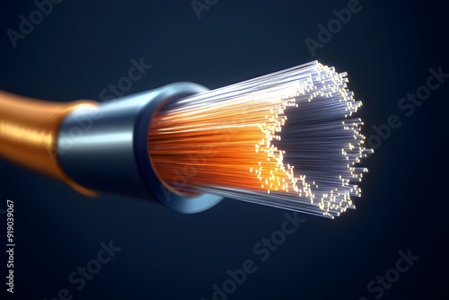 3D render close-up end of a Fiber optic cable on dark blue background, close-up view of fiber optic communication technology concept