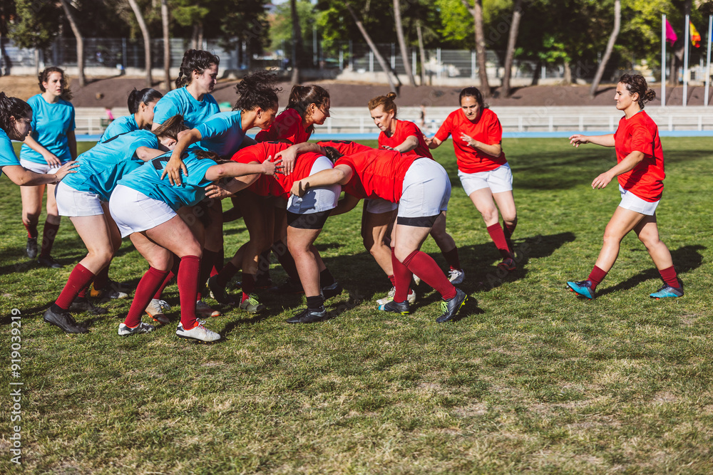 Rugby players in scrum on field Rugby players in scrum on field