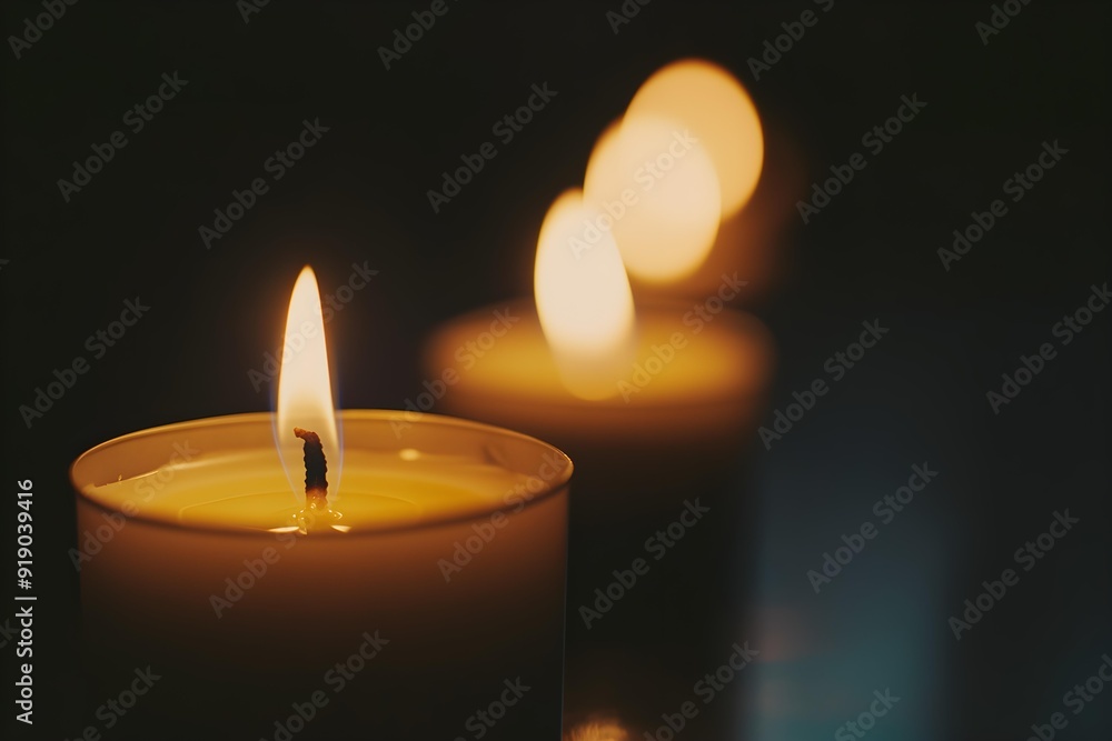 Lit candles in dark room creating warm and serene atmosphere. Soft glow of flames adds sense of calm and tranquility Lit candles in dark room creating warm and serene atmosphere. Soft glow of flames adds sense of calm and tranquility