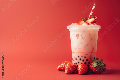 Delicious Strawberry Boba Tea with Fresh Strawberries and Red Background Design for Posters and Print