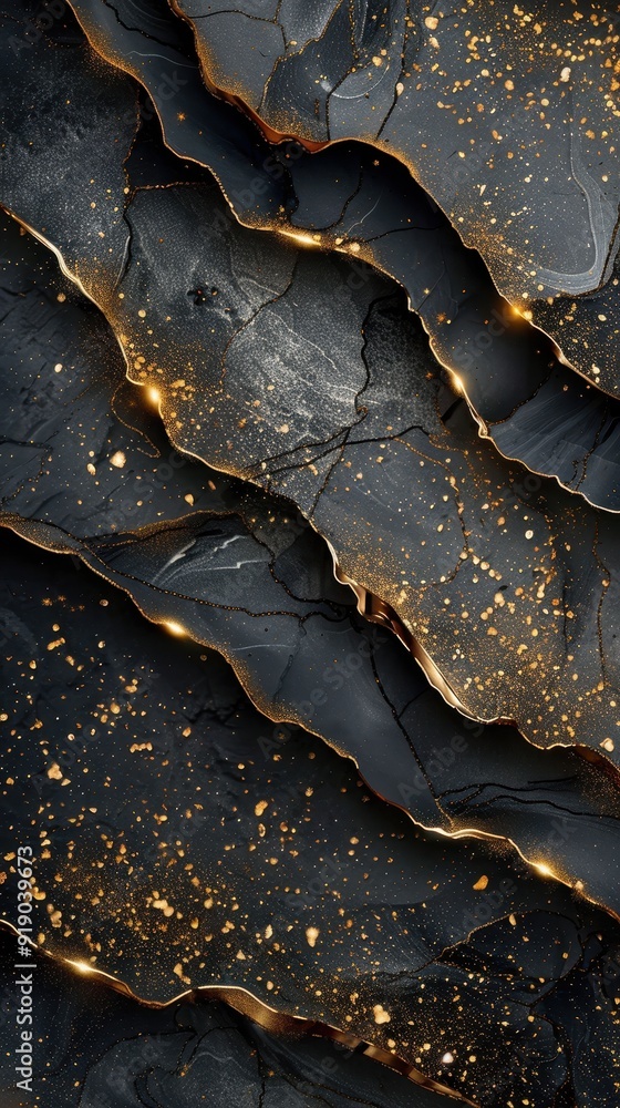 Obraz premium Shimmering black layers with gold highlights create an elegant and abstract design