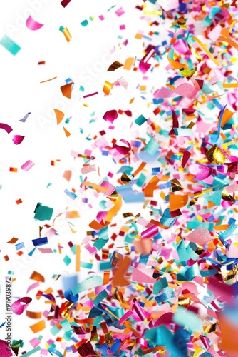 A bunch of colorful confetti sprinkles on a clean white background, perfect for celebrations and parties