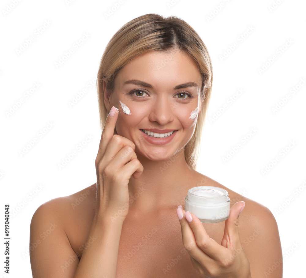 Beautiful woman applying face cream on white background Beautiful woman applying face cream on white background